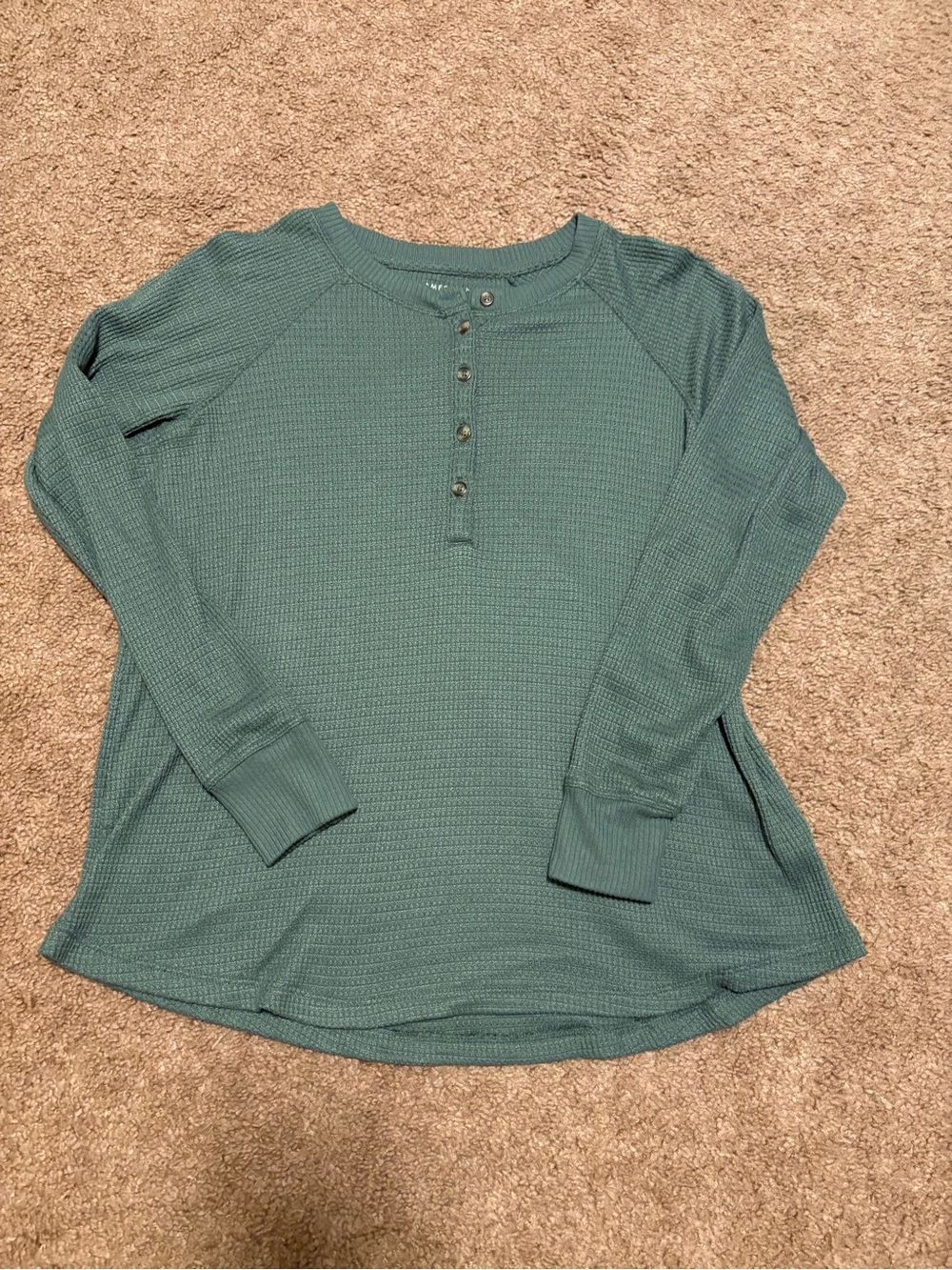 American Eagle Outfitters Sage Green Waffle Henley Long Sleeve Top